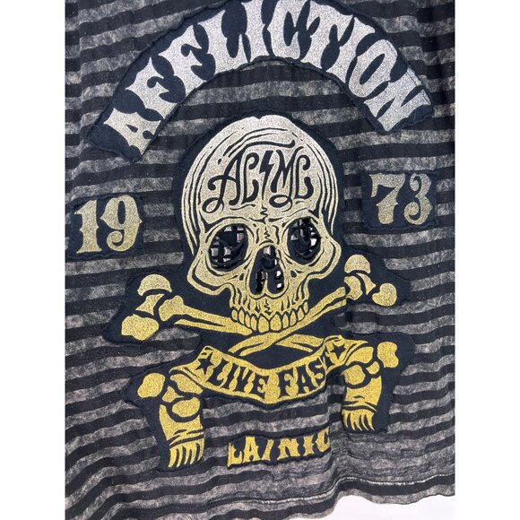 Affliction American Custom Live Fast Skull Stripe Shirt L Black/Grey - Picture 2 of 4
